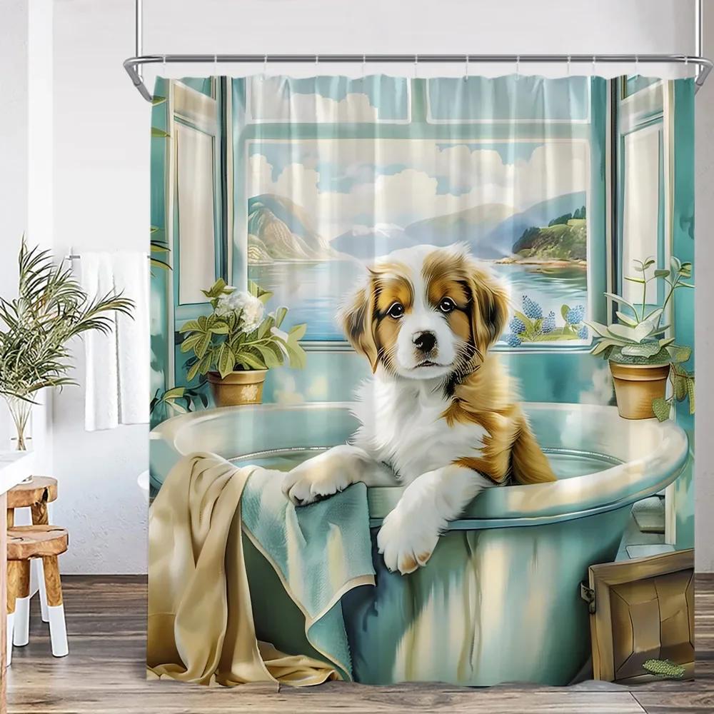 Roliga badande djur Duschdraperier Get Höglandsko Elefant Hund Gris Badrumsdekorationer Bad Djur Badkarsdraperi