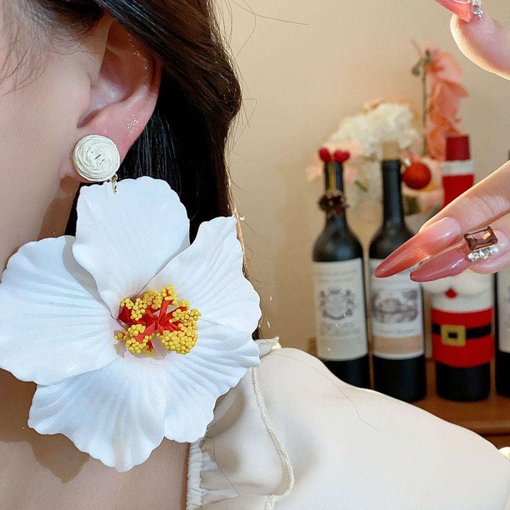 Beach Jewelry Simulated Flower Drop Earrings Silver Needle Lafite Grass Earrings  Wedding