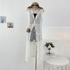Gilet lavorato a maglia chic traforato, Cardigan lungo coreano da donna, Copricostume trasparente aderente con apertura frontale