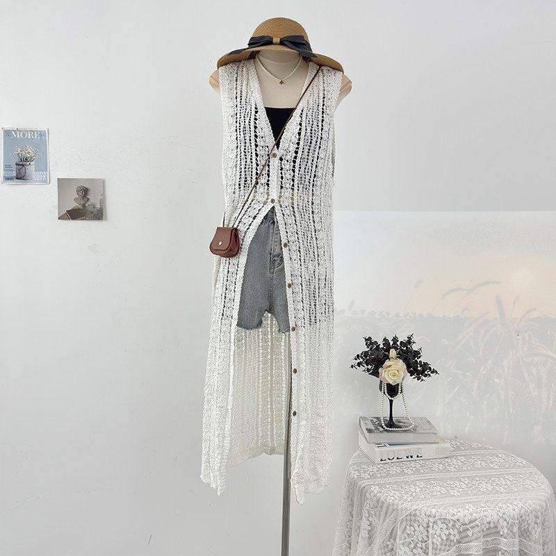 Gilet lavorato a maglia chic traforato, Cardigan lungo coreano da donna, Copricostume trasparente aderente con apertura frontale