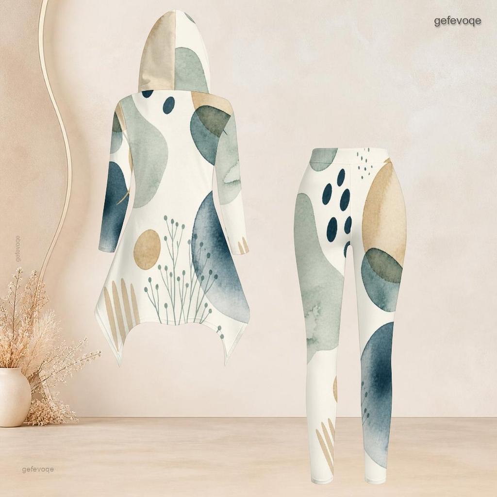 Women Plus Size Hooded Long Sleeve Printed High Low Top Fitted Pants Two Piece Set