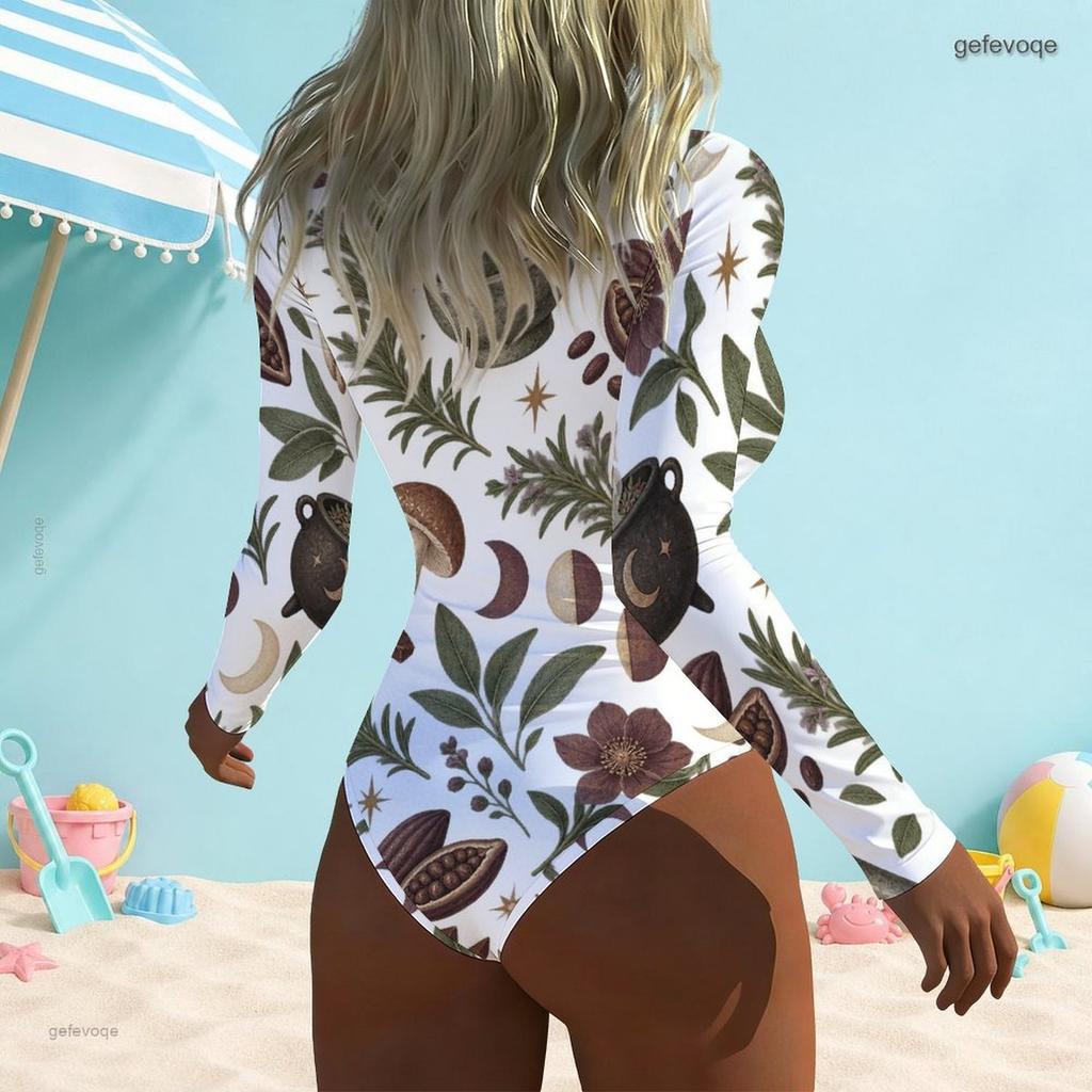 Women Plus Size White High Neck Front Zip Long Sleeve One Piece Printed Swimsuit