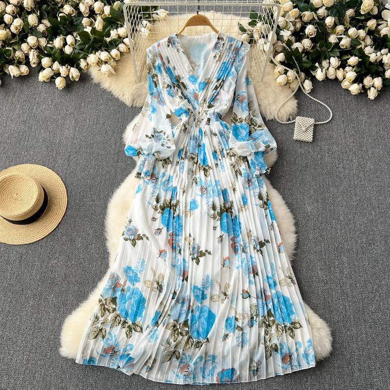 Kobiety słodkie dekolt w serek latarnia rękaw vintage print francuski styl slim fit szyfonowe sukienki dresowe plisowane duży rozkloszowany szlafrok sukienka