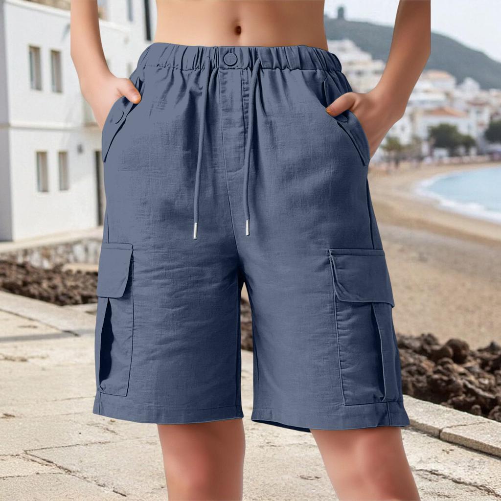 Women's Color Cotton And Linen Loose Casual Shorts With Pockets, Cropped Pants, Work Pants