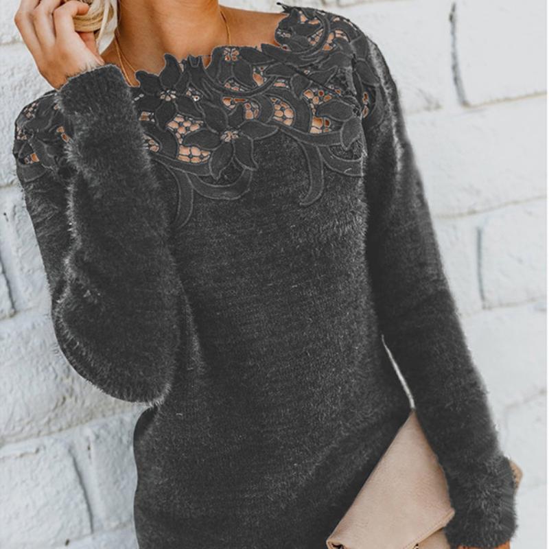 Hauts pour femmes Pull en dentelle creuse Col rond Manches longues Robe décontractée Slim Haut à manches longues pour femmes