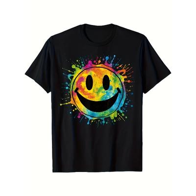 Talla Europea Hombre Talla Grande Camiseta Retro Tie-Dye Arco Iris con Dibujo de Cara Sonriente - Estilo Paz de los Años 70, Negro Casual Verano Talla Grande
