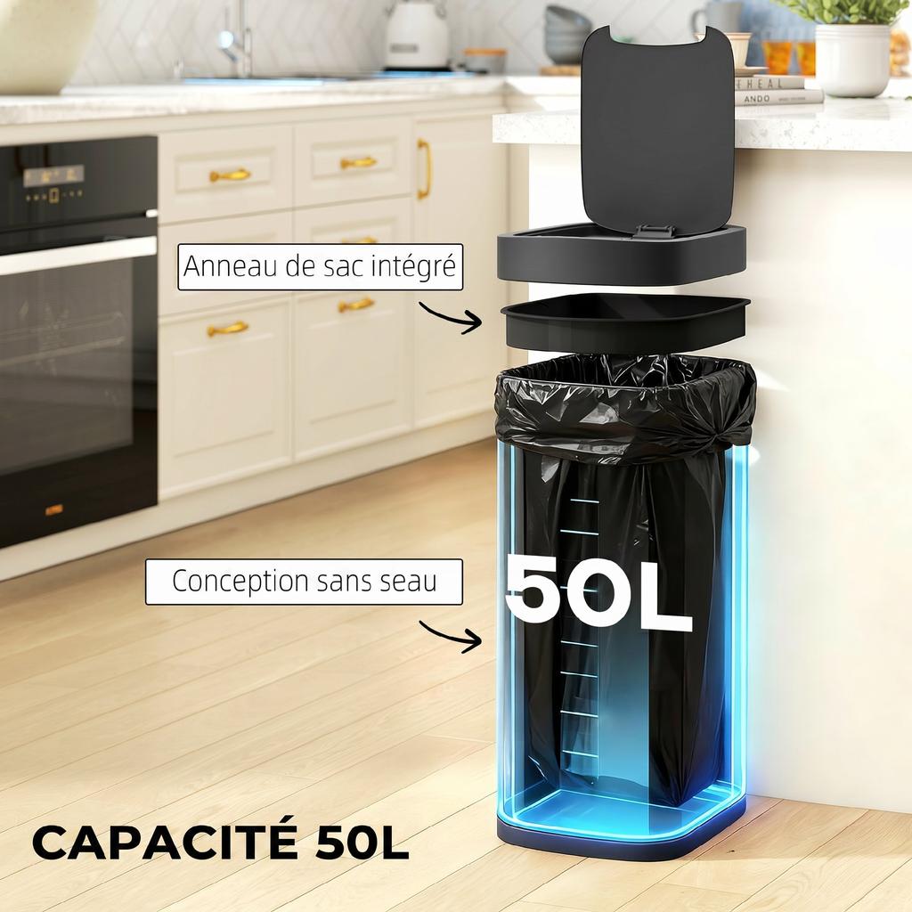 Automatic Kitchen Bin, 50 L, Motion Sensor, Battery, 26.5 x 35.5 x 68 cm, Silver