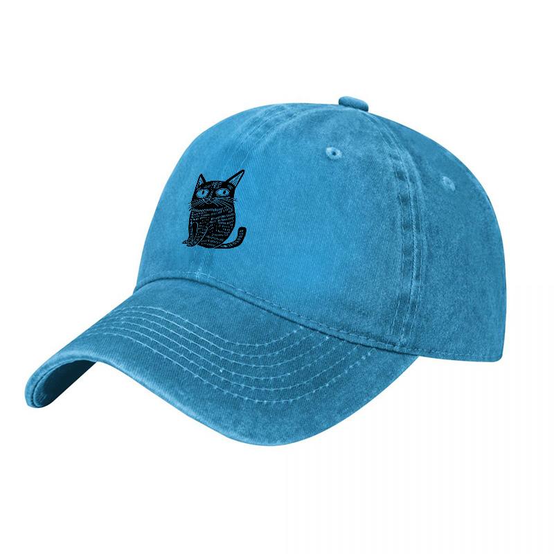 Black Cat Embroidered Washed Canvas Baseball Cap Vintage Style Adjustable Unisex Hat for Casual Wear
