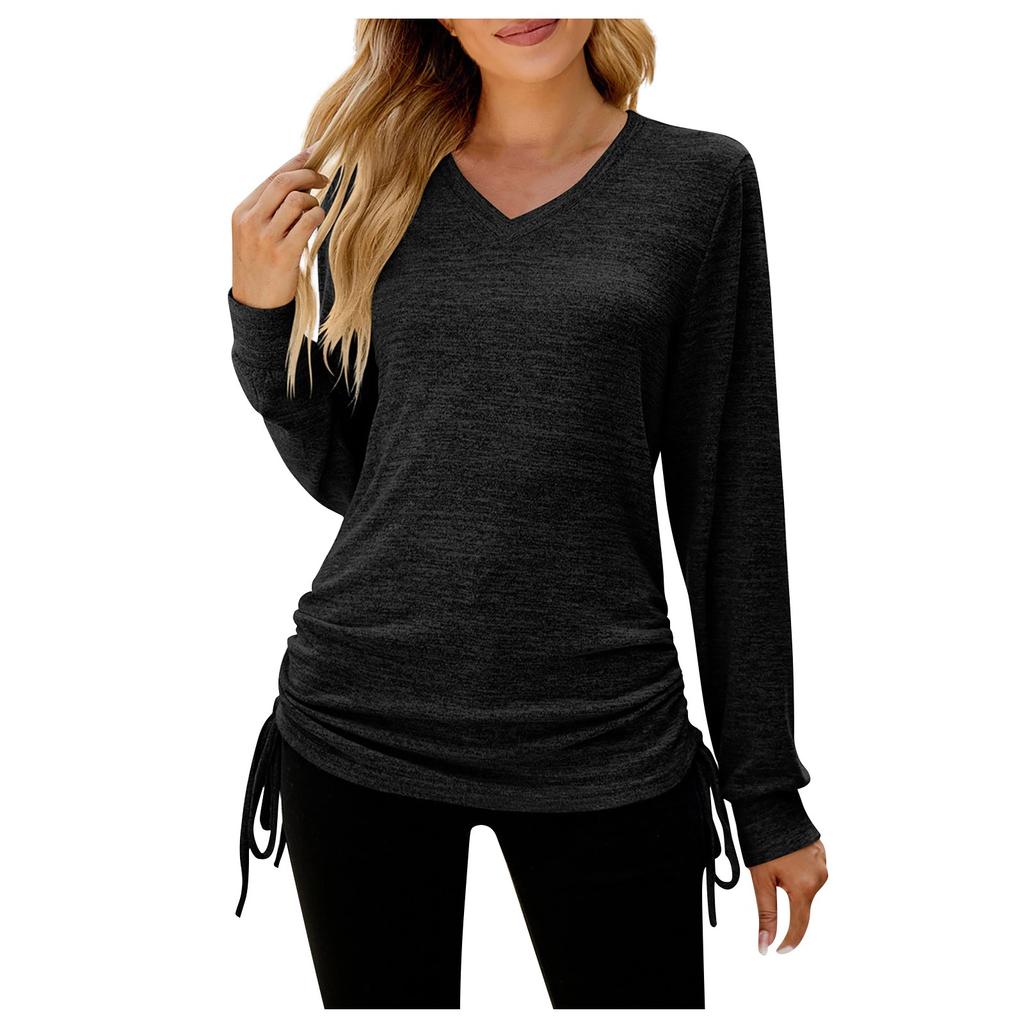 Ladies Casual Color Long Sleeve V-neck Side Drawcord Pleats T-Shirt Top