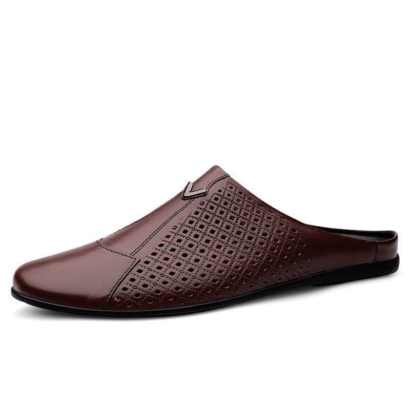 Fashion Italian Mens Slippers Genuine Leather Muller Shoes Men Loafers Outdoor Non-slip Black Casual Half Slipper Men Fashion Shoes Man