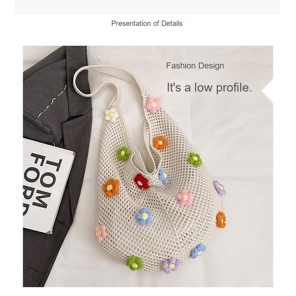 Large capacity hollow knitted bag, fashionable and trendy commuting tote bag, yarn knitted vacation beach bag, single shoulder crossbody bag