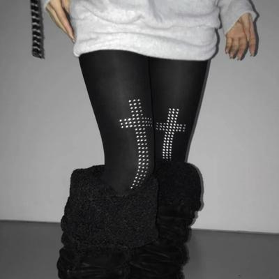 Y2K Sexy Schwarze Strumpfhosen Damen Gothic Strumpfhose mit Strasskreuz Spicy Girl Party Cosplay Festival Strumpfhose Dünn Atmungsaktiv Sommer