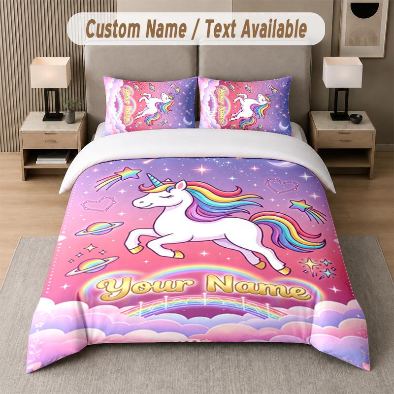 Unicorn Theme Custom Text Or Name 3Pcs Bedding Set 1 Flat Sheet & 2 Pillowcases Personalized Home Bedding