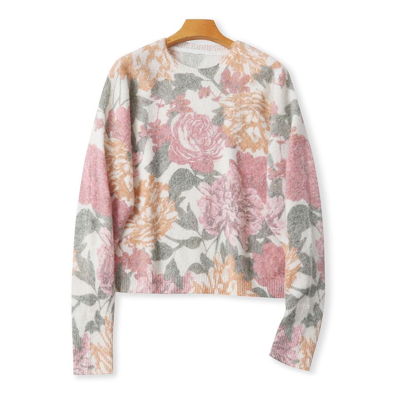 

Мохеровый красочный цветущий свитер Осень и Зима Новая женская одежда иностранной торговли Круглый вырез Пуловер Длинный рукав Большой размер Свободный 32644 Safflower B- 17-19-1 on white background XS