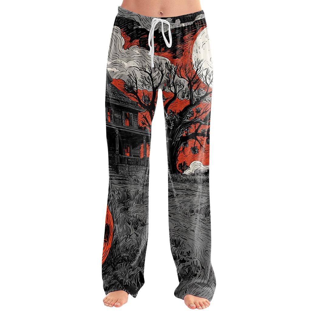Pantaloni da Pigiama Larghi da Donna con Stampa di Halloween - Pantaloni Morbidi Casual