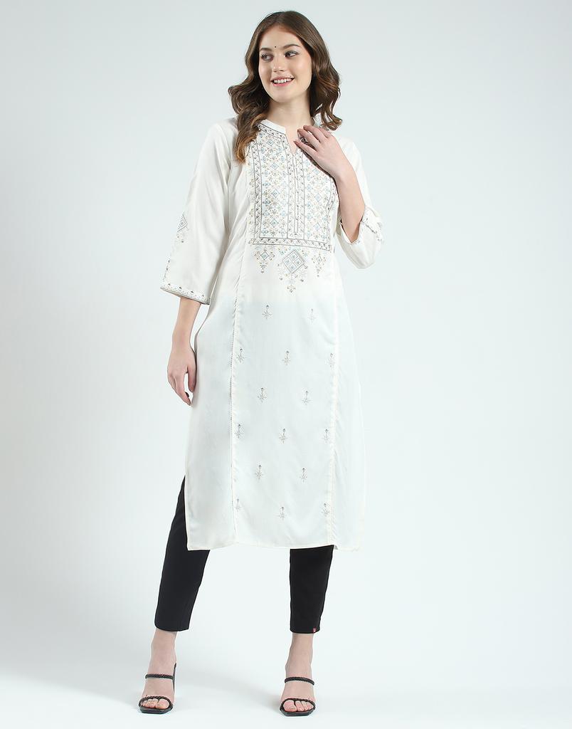MONTE CARLO Women's Regular Fit Self Designed Round Neck 3/4 Sleeve Kurti