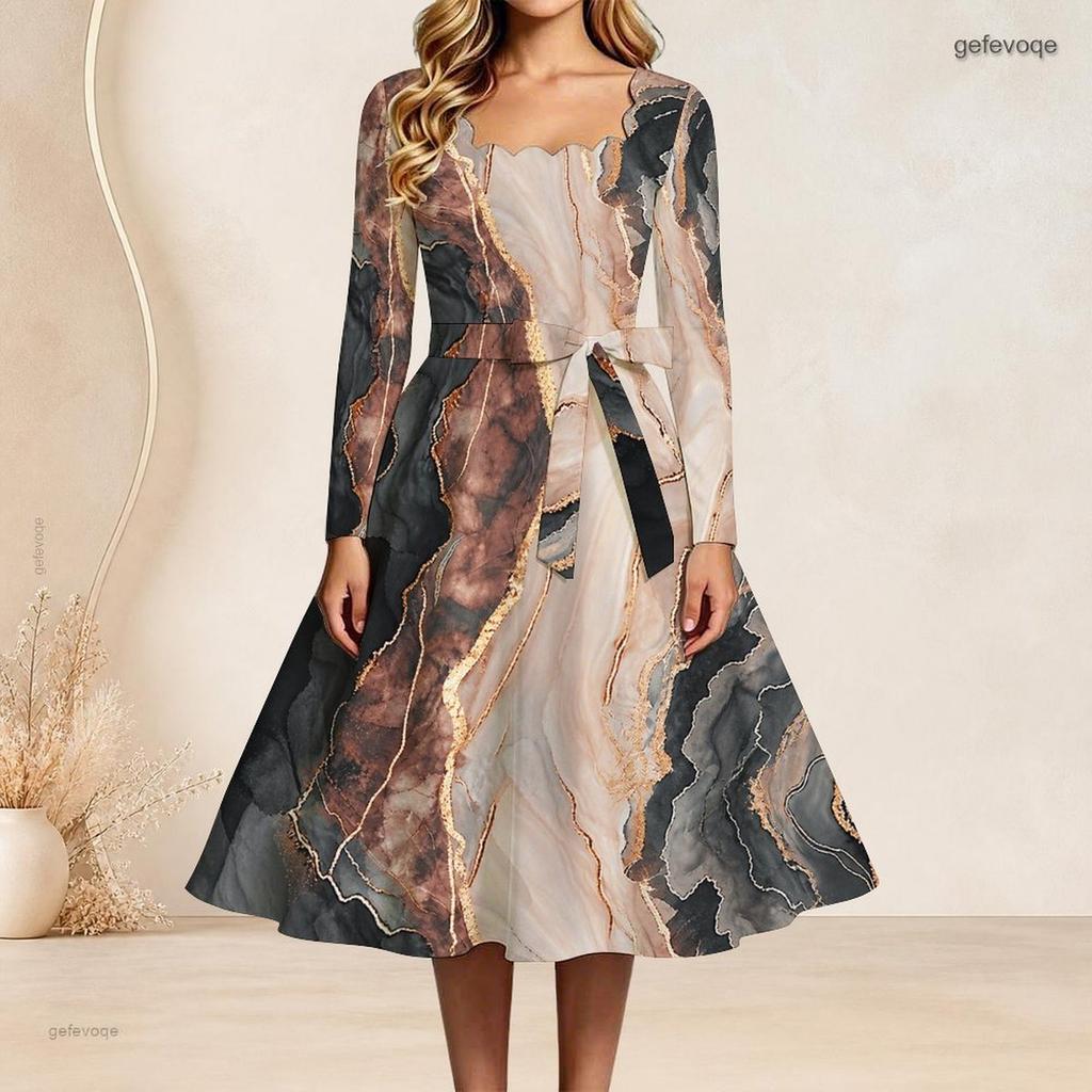 Women Plus Size Scalloped Square Neck Long Sleeve Printed Tie Waist A Line Dress