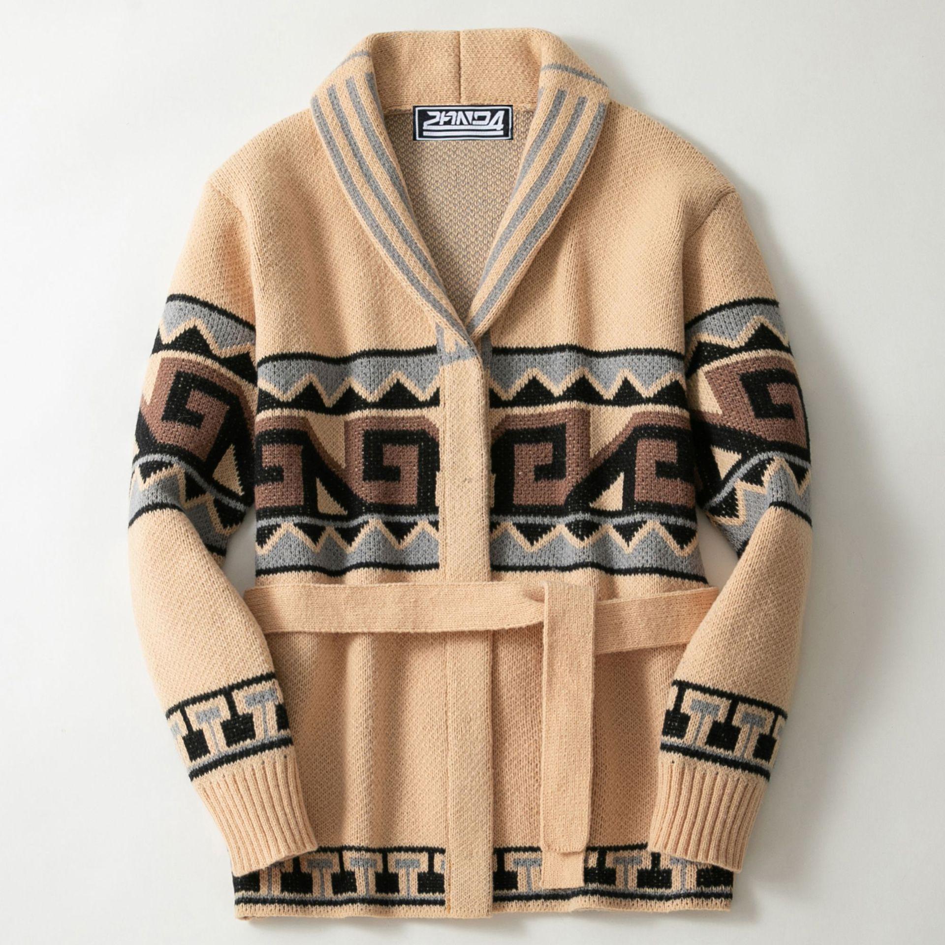 

Men s Autumn Winter Mid-Length Thick Knit Jacquard Belted Cardigan Sweater Coat SY0205 Large хакі