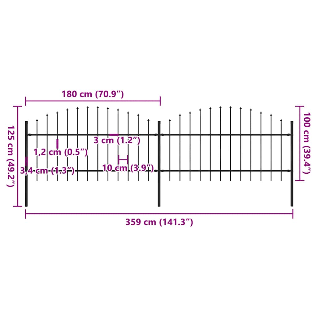 Spear Tipped Steel Garden Fence 359 X 125 Cm Black