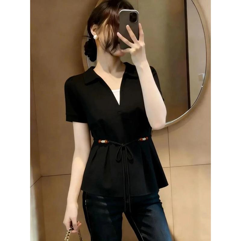 Women s Beige V-Neck Collared Drawstring Waist Short Sleeve Blouse M чёрный