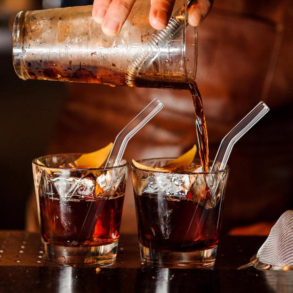 [10 Pcs] Reble Short Bent Glass Straws - 6" x 10 mm Clear Glass Straws Shatter Resistant Cocktail Straw With 2 Cleaning Brushes for