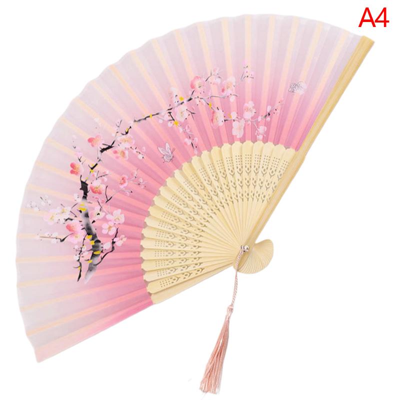 1Pc Estilo Chinês Dobrável Leque de Bambu Haste Leque de Mão Elegante Padrão de Flor Feminino Dobrável Leques Decoração de Festa de Casamento