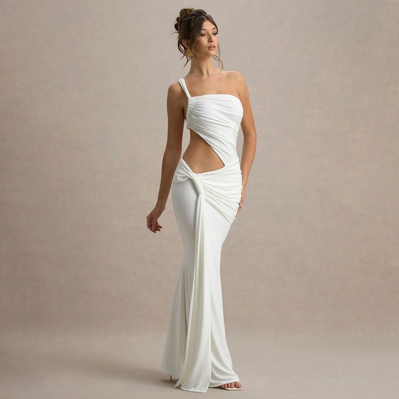 2025 European and American Cross-Border Summer Sexy One-Shoulder Backless Tube Top Dress Fashion Solid Lace-up Pleated Long Dress Women