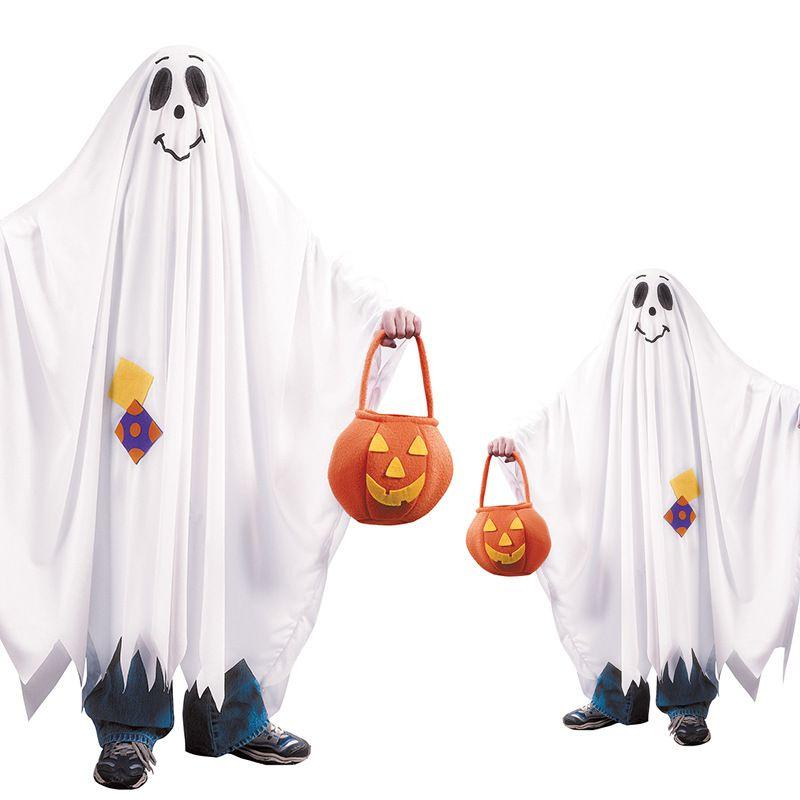 Spooky Halloween Ghost Cosplay Costume With Pumpkin Candy Bag For Kids