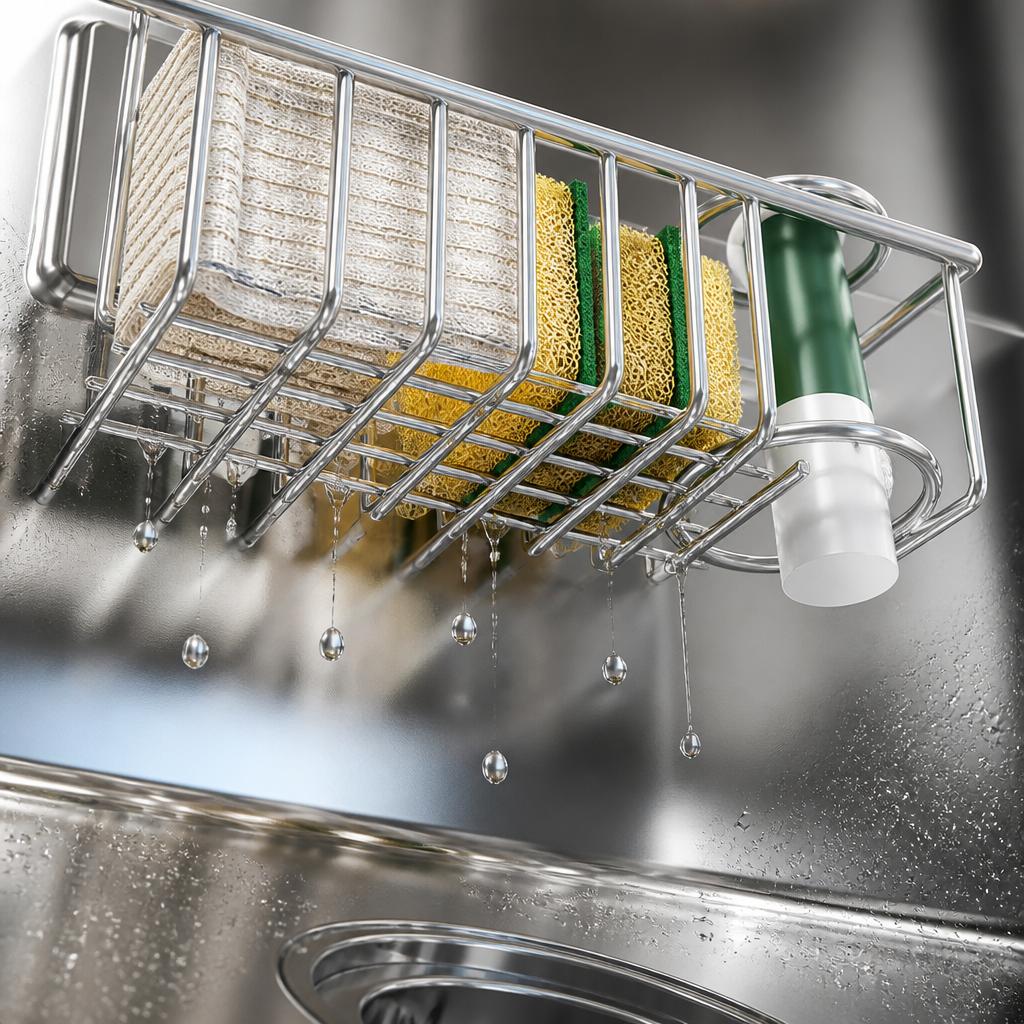 Wall-Mounted Stainless Steel Sponge Rack Multi-Functional Draining Storage Shelf Kitchen Organizer No-Installation Required