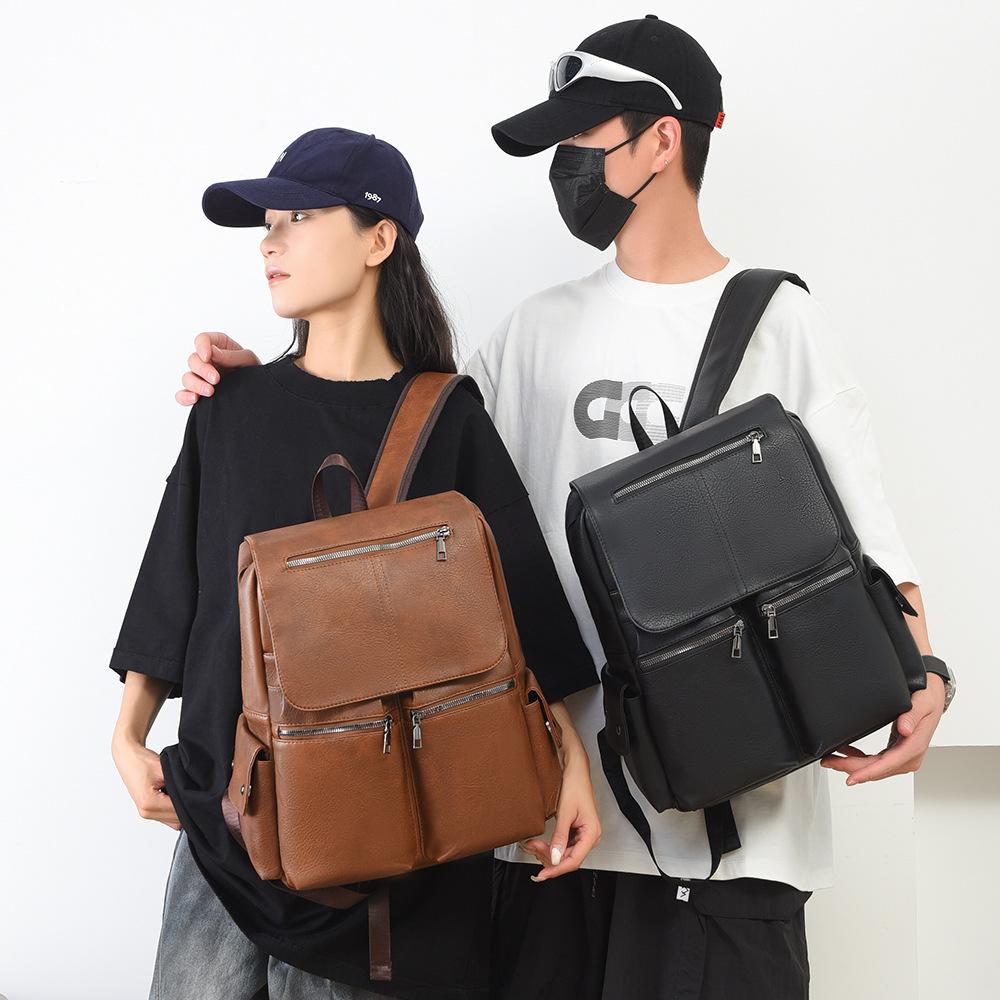 Retro casual backpack large capacity PU soft leather texture student schoolbag trendy cool versatile travel computer bag