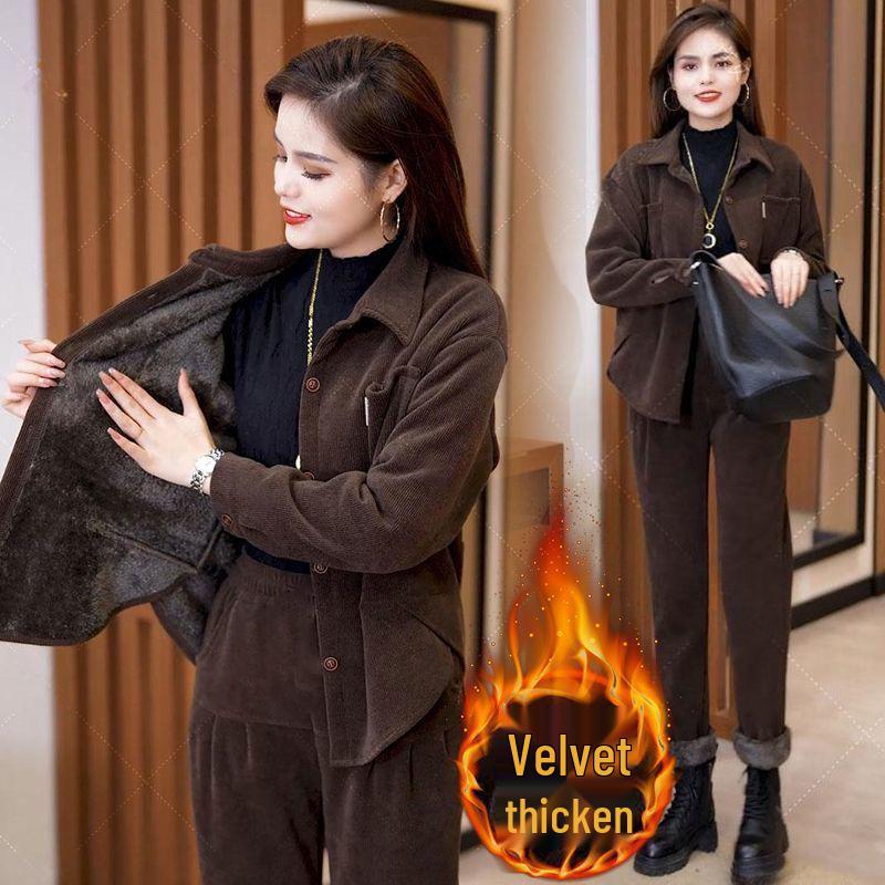 Women's Trendy Corduroy Jacket & Pants Set - Autumn 2024 Fashion, Casual Loose Fit, Slimming Two-Piece