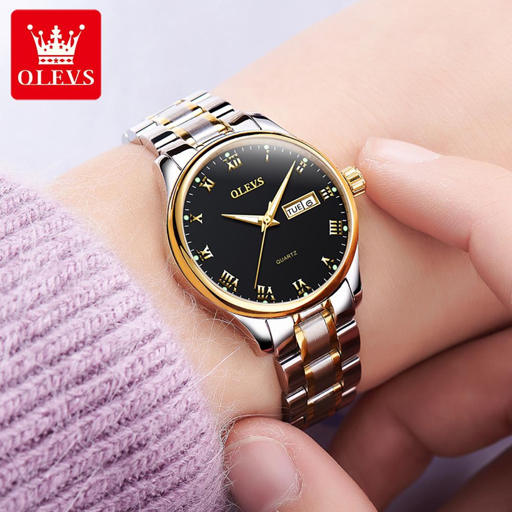 OLEVS 5568 Luxury Quartz Watch for Woman Luminous Date Week Waterproof Steel Strap Original Fashion Ladies Wristwatches