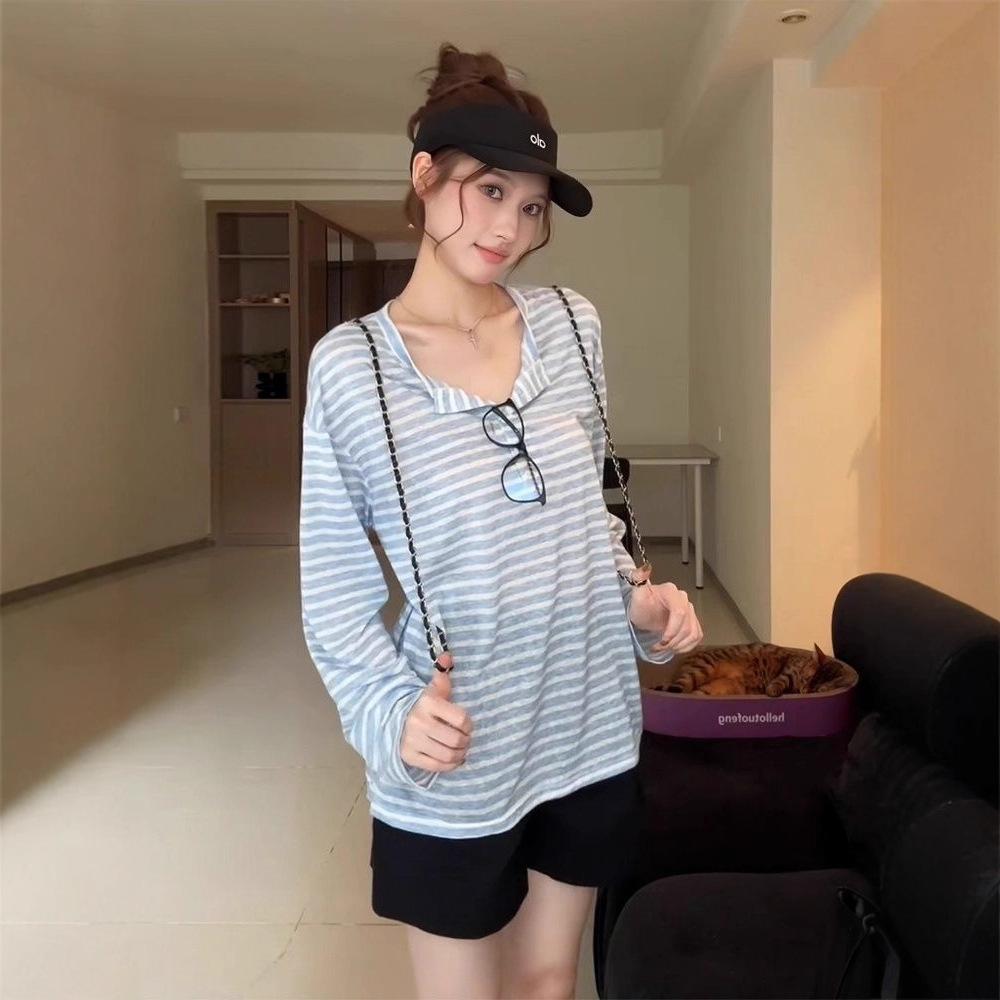 [Sunscreen fabric] Thin sunscreen blouse top women's early autumn new design stripes loose and thin T-shirt