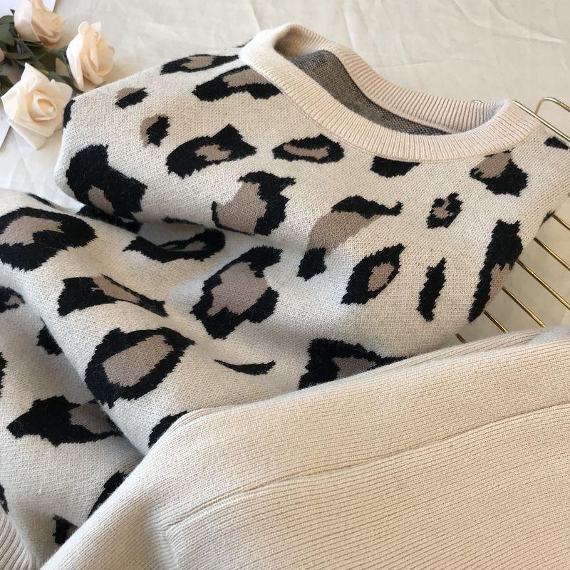 JPNTKY Autumn Collection Instagram Personalized Leopard Print Pullover Long-sleeved Knitted Sweater + Simple Skinny Pants Set