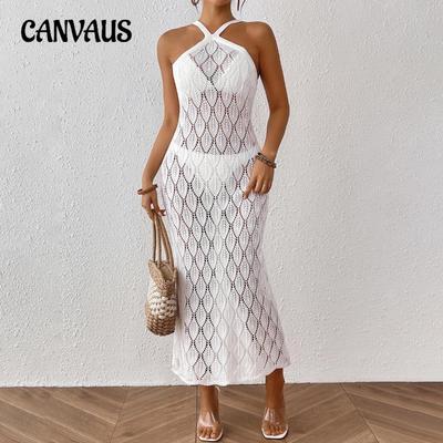 Women's Beach Sexy Backless Cutout Leaf Jacquard Halter Bikini Smock Dress