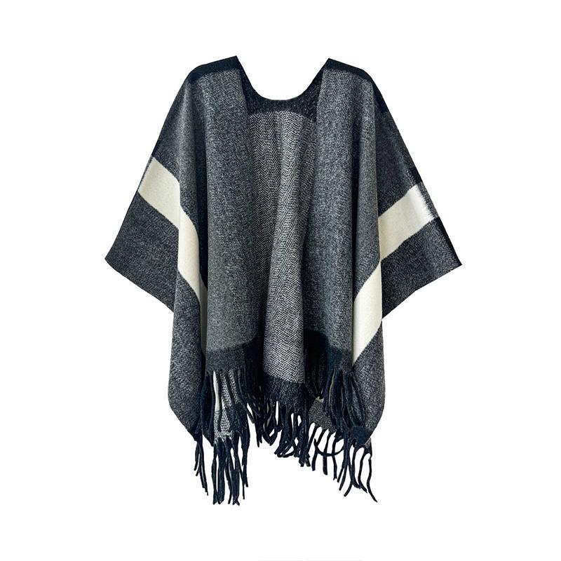 Women'S Travel Shawl Imitation Cashmere Tassel Slit Shawl Women'S Color Blocked Plaid Scarf Air-Conditioned Room Warm Cloak