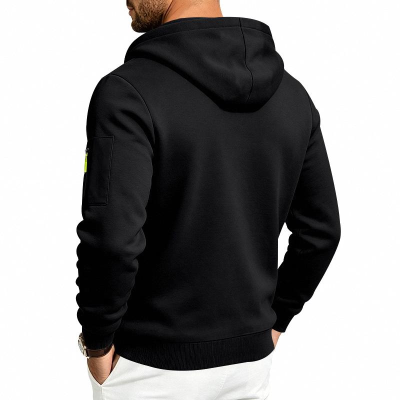 Men's Solid Zip‑Up Hooded Sweatshirt Casual Drawstring Hoodie Jacket Long Sleeve Arm Pocket Sports Outerwear for Male