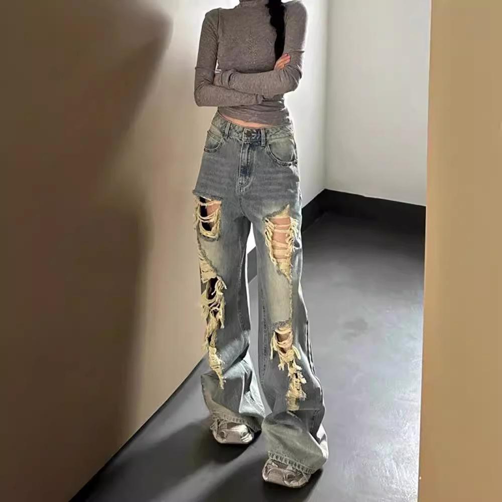 Petite Women's Retro High-Waist Ripped Jeans: Distressed, Loose, Wide-Leg