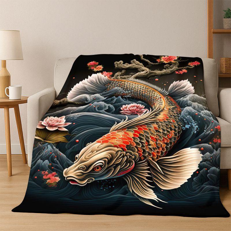 GOOD LUCK Koi Fish Yin Yang Carp Cartoon Flannel Blanket Soft Warm Throw Blanket for Bedroom Living Room Bed Travel Picnic Gift