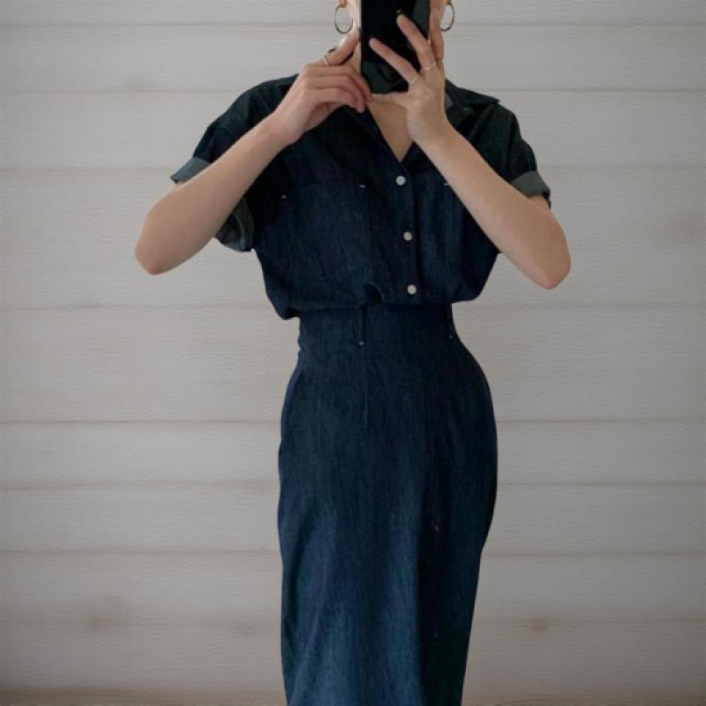 New Arrivals Open Run Women Denim Shirt With Pocket And bAnding Long Skirt Set
