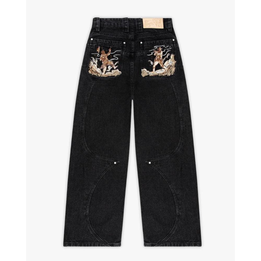 Damen Jeans mit hohem Bund und weitem Bein Lockerer Schnitt Sakura Knight Stickerei Helles Denim Hosen Amerikanischer Vintage Streetwear Lässige Lange Hosen