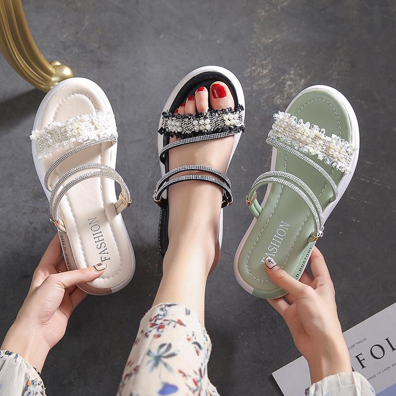 Pregnant Women Wear Sandals and Women's Flat-bottomed Rhinestones In Summer, One Word with Cool Slippers and One Pedal, and Wear Soft-soled Korean Ver