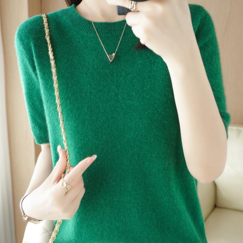 Women's Spring and Summer Short-sleeved Women O-neck Slim Pullover Vest T-shirt Knitted Base Sweater