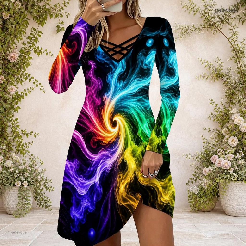 Women Criss Cross V Neck Long Sleeve Galaxy Nebula Printed Fitted Curved Hem Dress