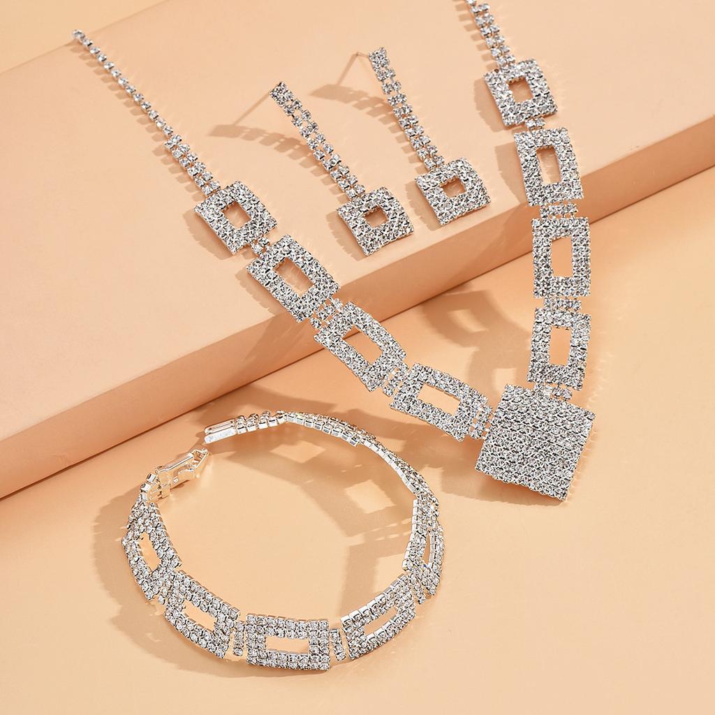Necklace Earrings Bracelet Set Chain, Popular, Bridal Three-Piece Rhinestone Dinner Wedding