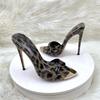 Sandales à talons aiguilles et bout pointu en métal pour femme, chaussures de soirée, 12 cm, imprimé léopard, pointure 46