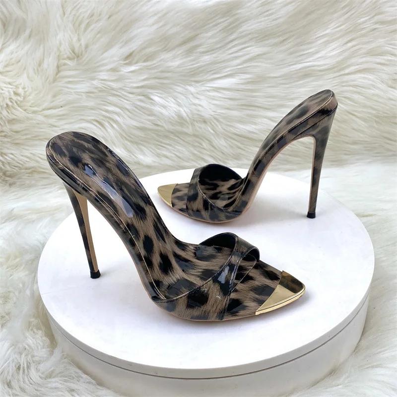 Sandales à talons aiguilles et bout pointu en métal pour femme, chaussures de soirée, 12 cm, imprimé léopard, pointure 46
