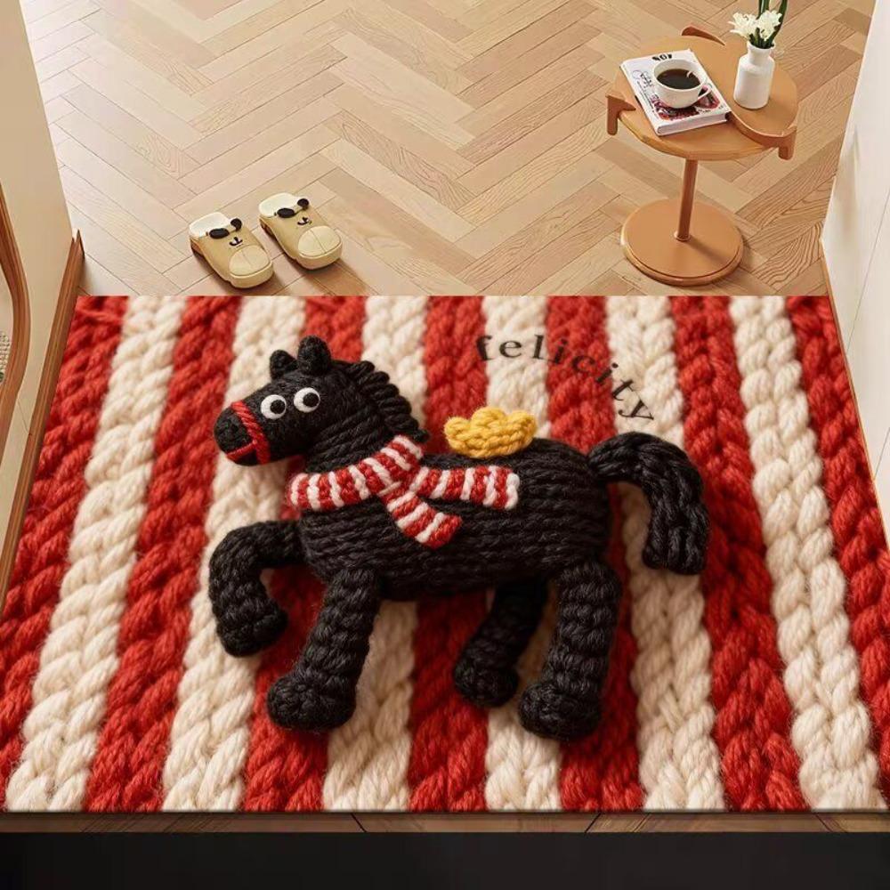 Cute Horse Pattern New Year Door Mat Festive Red Non-slip Door Carpet Water Absorption Foot Mat Home Decorations