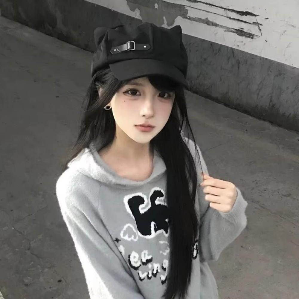 Cappello Piatto Gotico Ispirato ad Harajuku con Orecchie da Gatto e Zip Cappello da Sole Moda Lolita Berretto Cappello Donna Ragazze