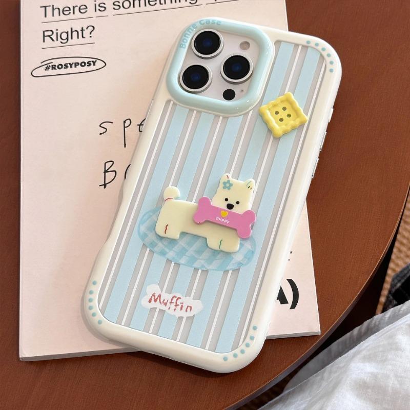 Korean Striped 3D Cartoon Puppy Button Phone Case For iPhone 17 16 15 14 13 12 11 Pro Max XS X XR Acrylic Shockproof Hard Cover